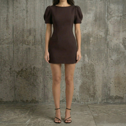 Brown short-sleeve round-neck mini dress