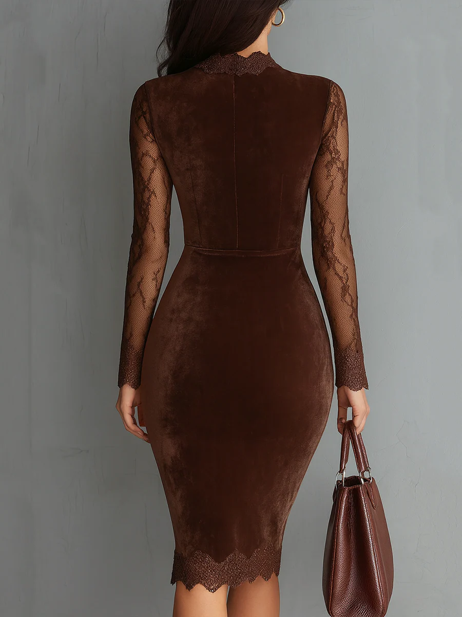 Brown velvet keyhole mini dress, side view