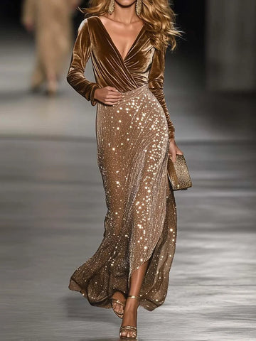 Brown velvet V-neck maxi dress with sequin skirt