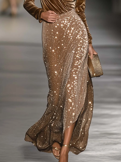 Brown velvet maxi dress with side slit