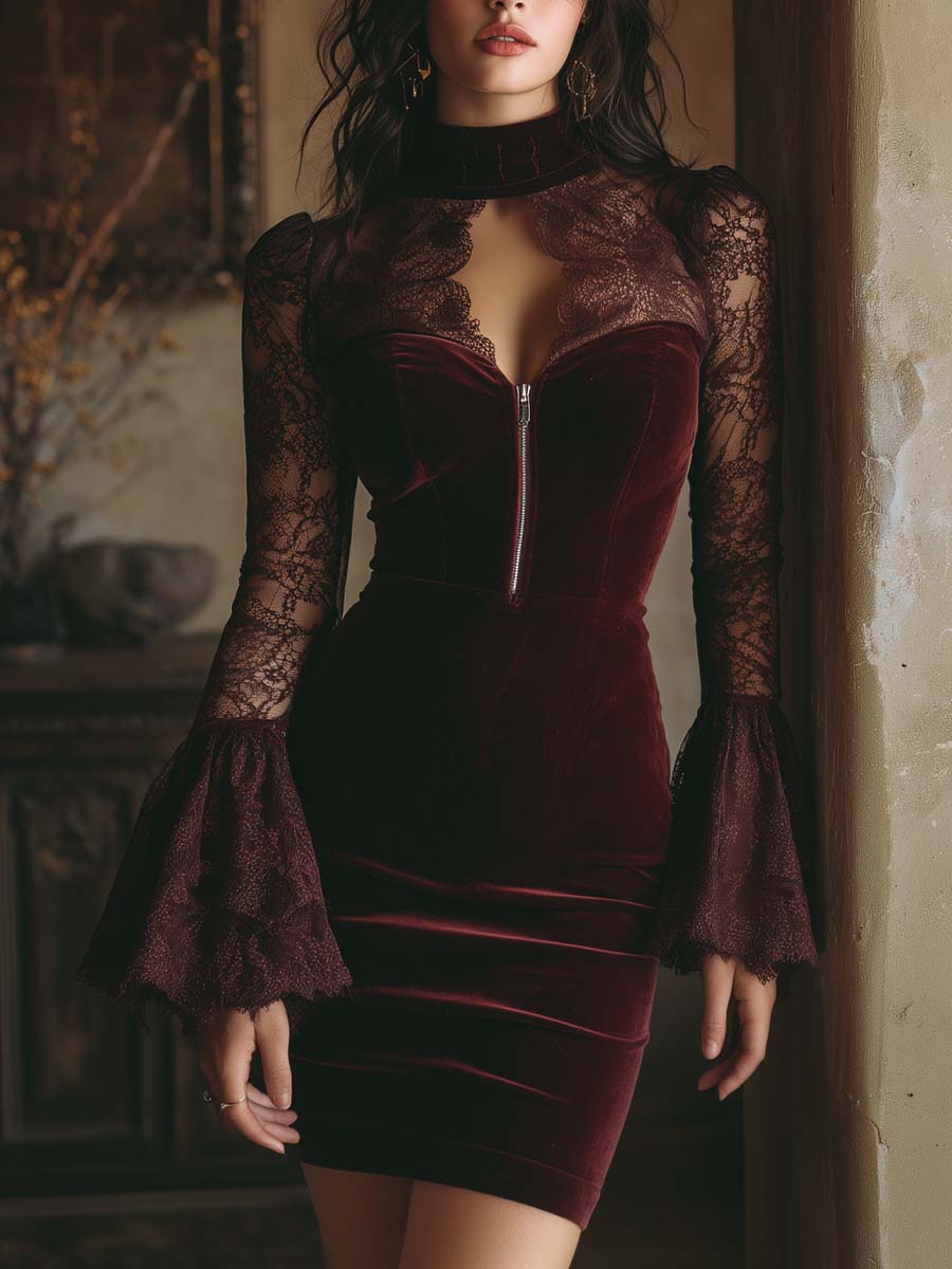 Burgundy velvet lace bodycon mini dress, front view