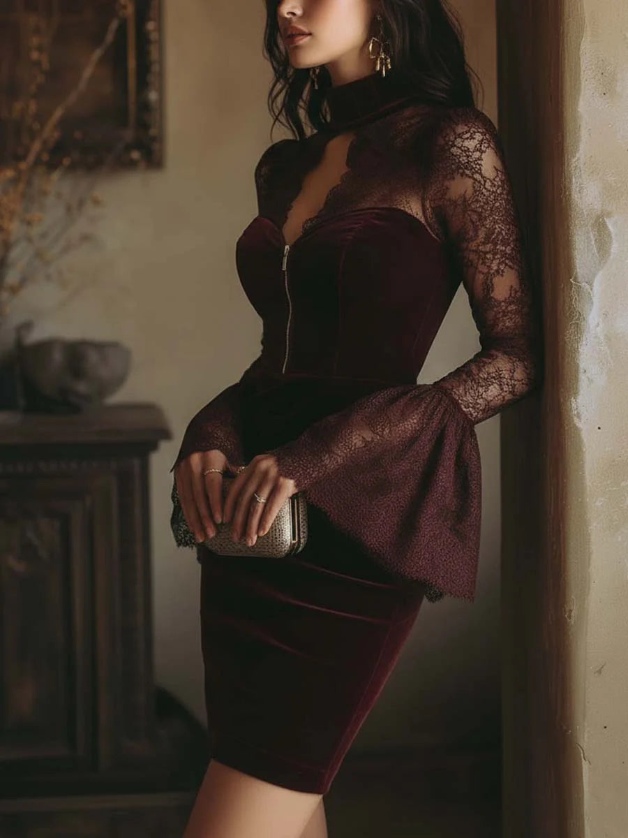 Burgundy velvet mini dress with lace sleeves