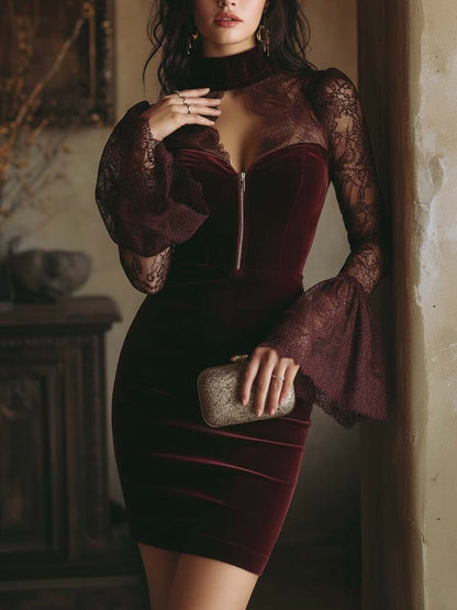 Burgundy velvet mini dress high neck and front zip