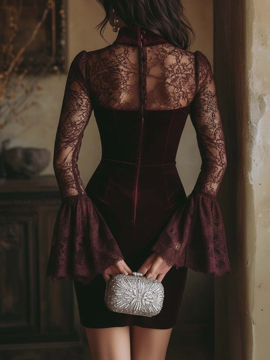 Burgundy velvet mini dress, side view
