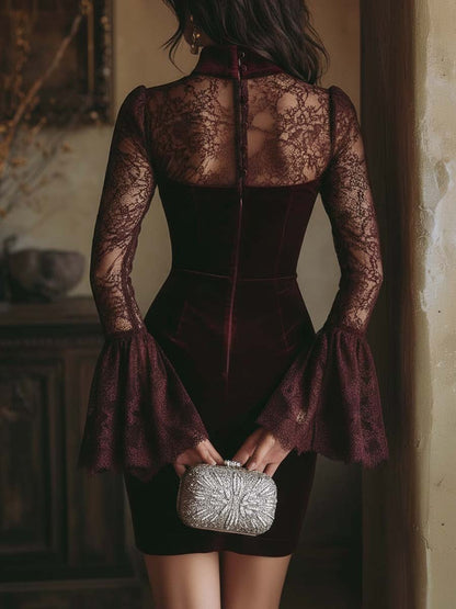 Burgundy velvet mini dress, side view