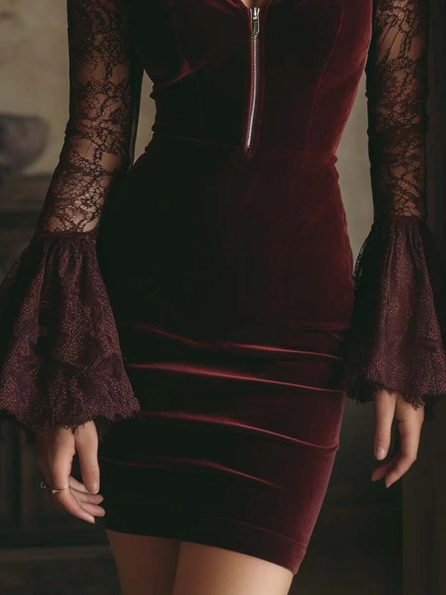 Burgundy lace flared cuff detail