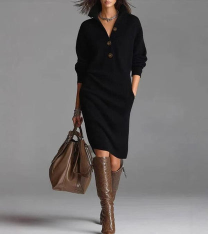 Black button-front knit midi dress