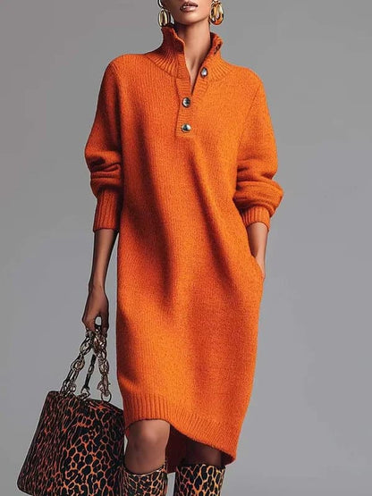 Orange button-front knit midi dress