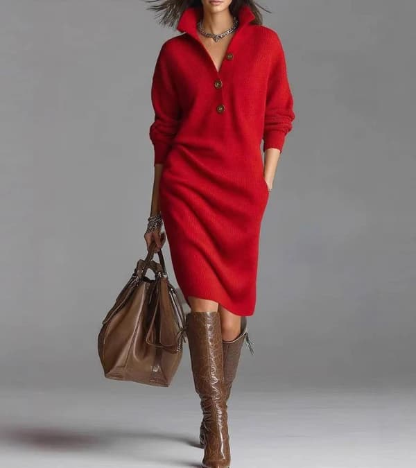 Red button-front knit midi dress