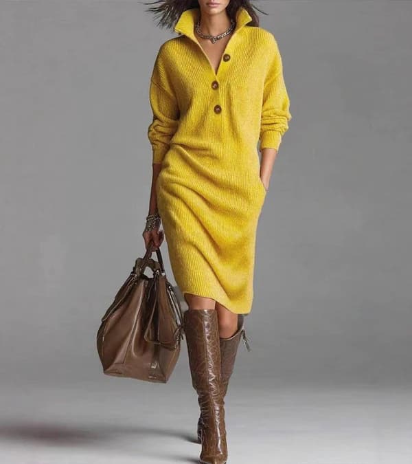 Yellow button-front knit midi dress