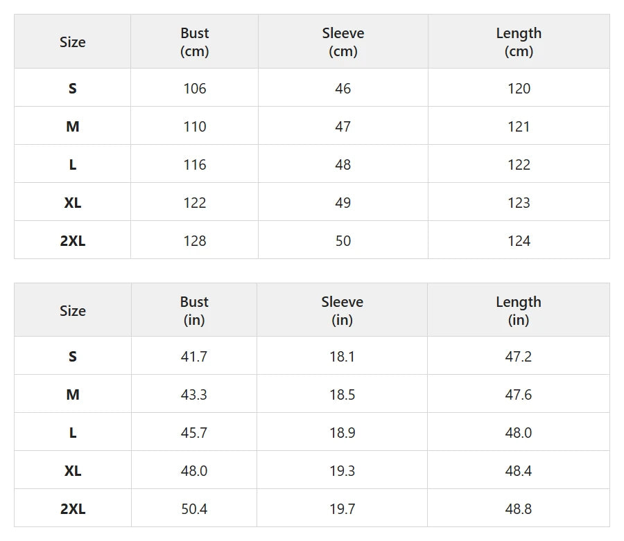 Size chart for button-front lantern-sleeve maxi dress with collar