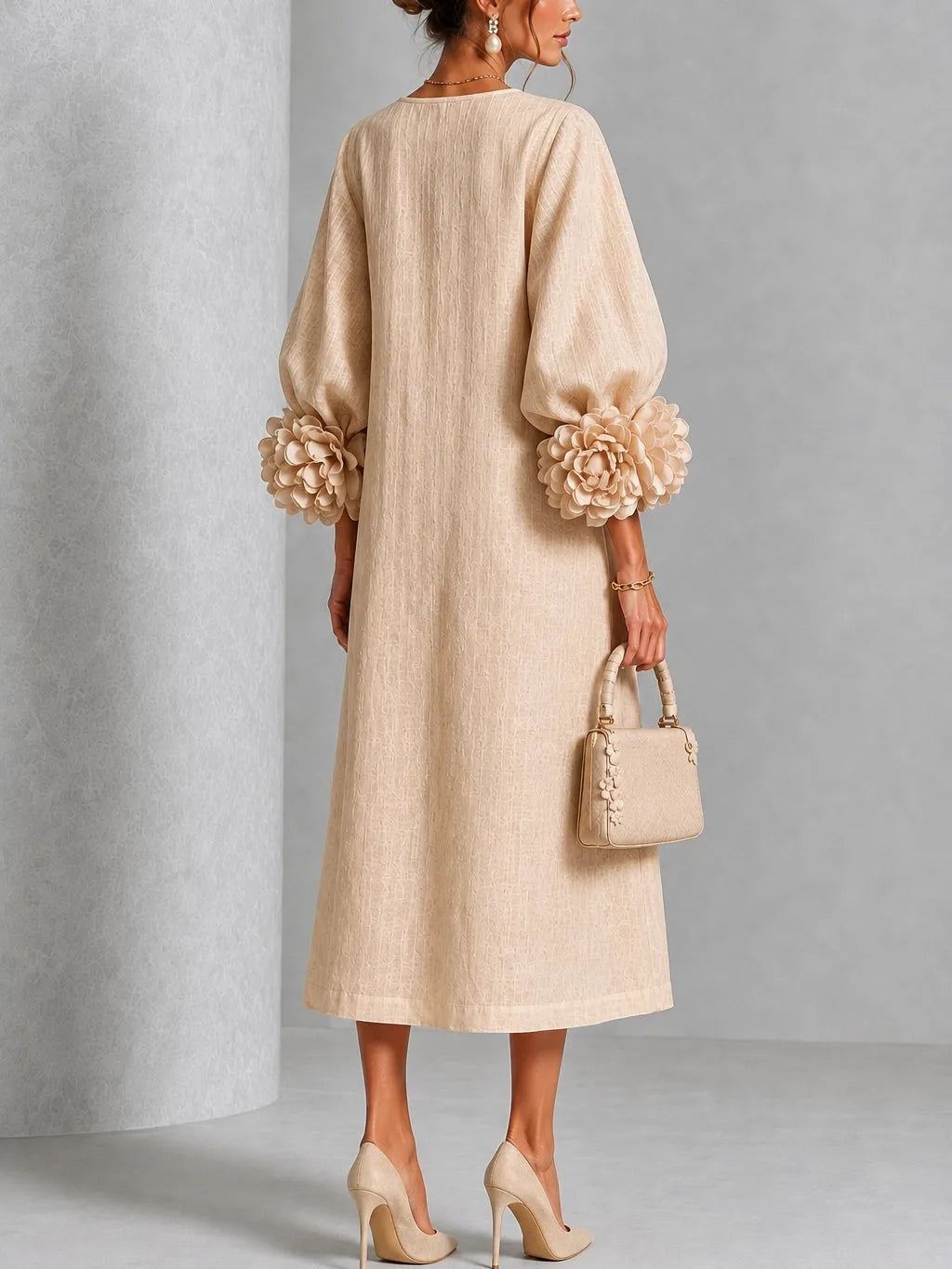 Women's button-front midi dress with floral rose cuffs, beige, back view