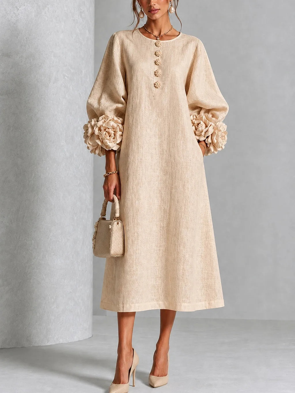 Women's button-front midi dress with floral rose cuffs, beige, front view with handbag