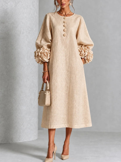 Women's button-front midi dress with floral rose cuffs, beige, front view with handbag