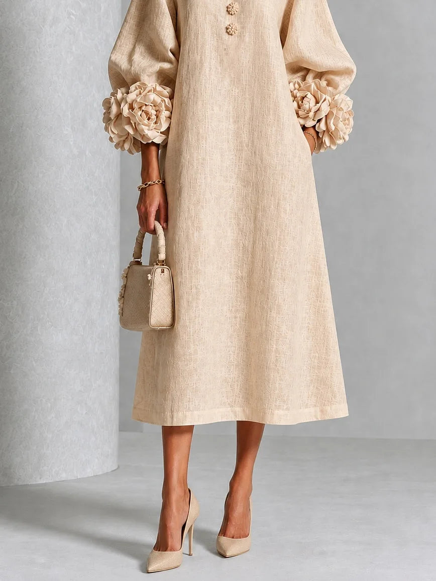 Women's button-front midi dress with floral rose cuffs, beige, side view