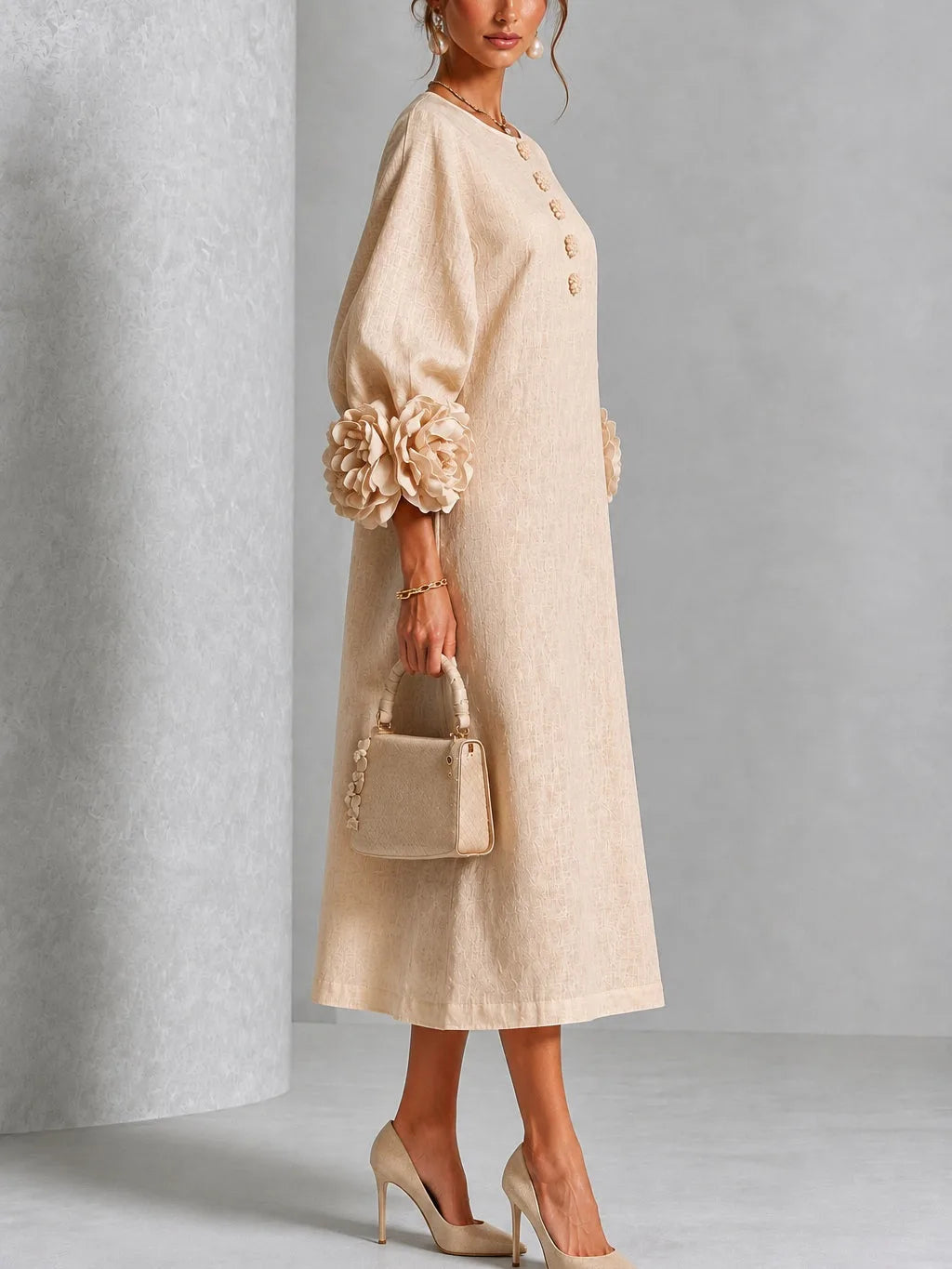 Women's button-front midi dress with floral rose cuffs, beige, side view