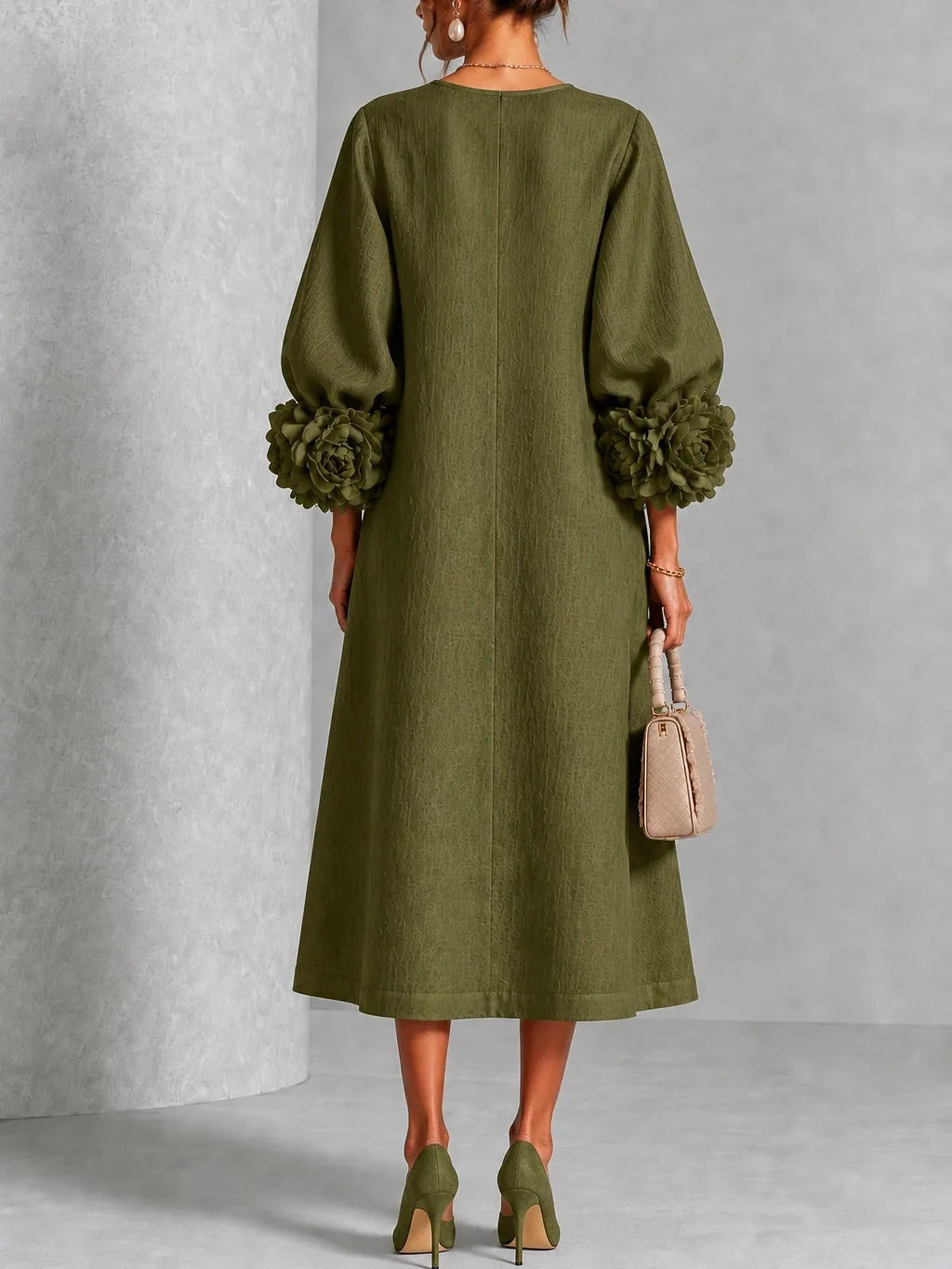 Women's button-front midi dress with floral rose cuffs, olive, back view