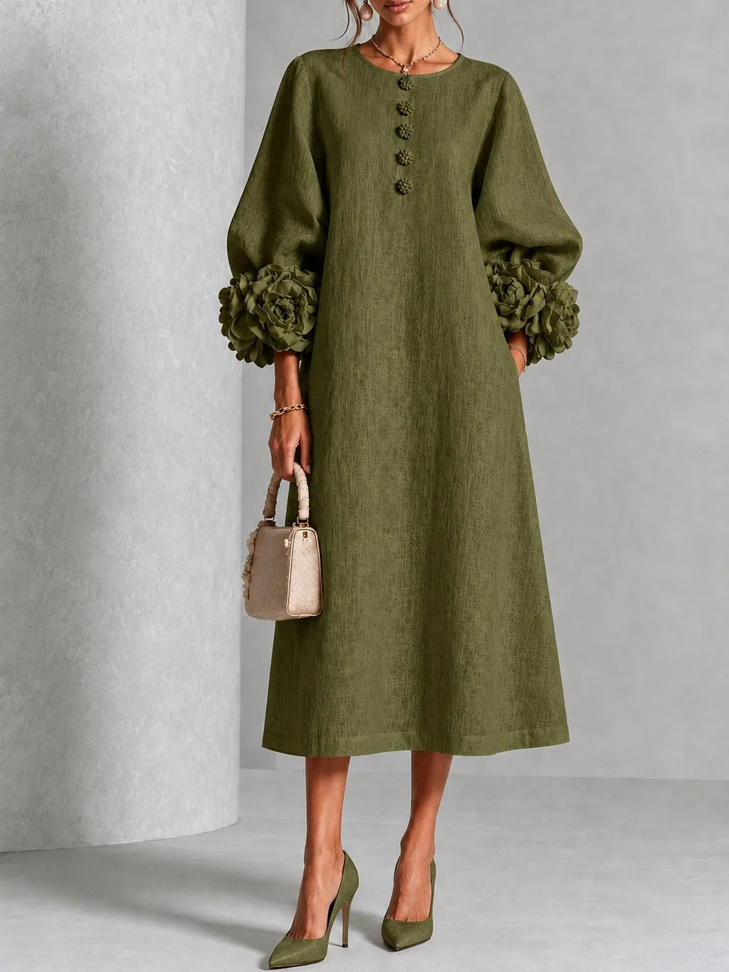 Women's button-front midi dress with floral rose cuffs, olive, front view with handbag