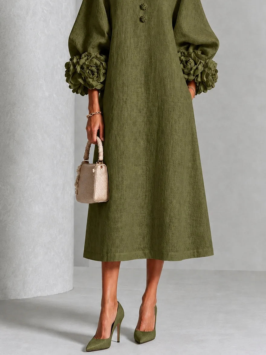 Women's button-front midi dress with floral rose cuffs, olive, side view