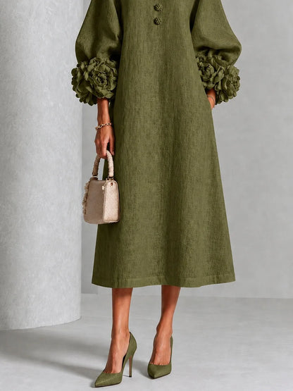 Women's button-front midi dress with floral rose cuffs, olive, side view