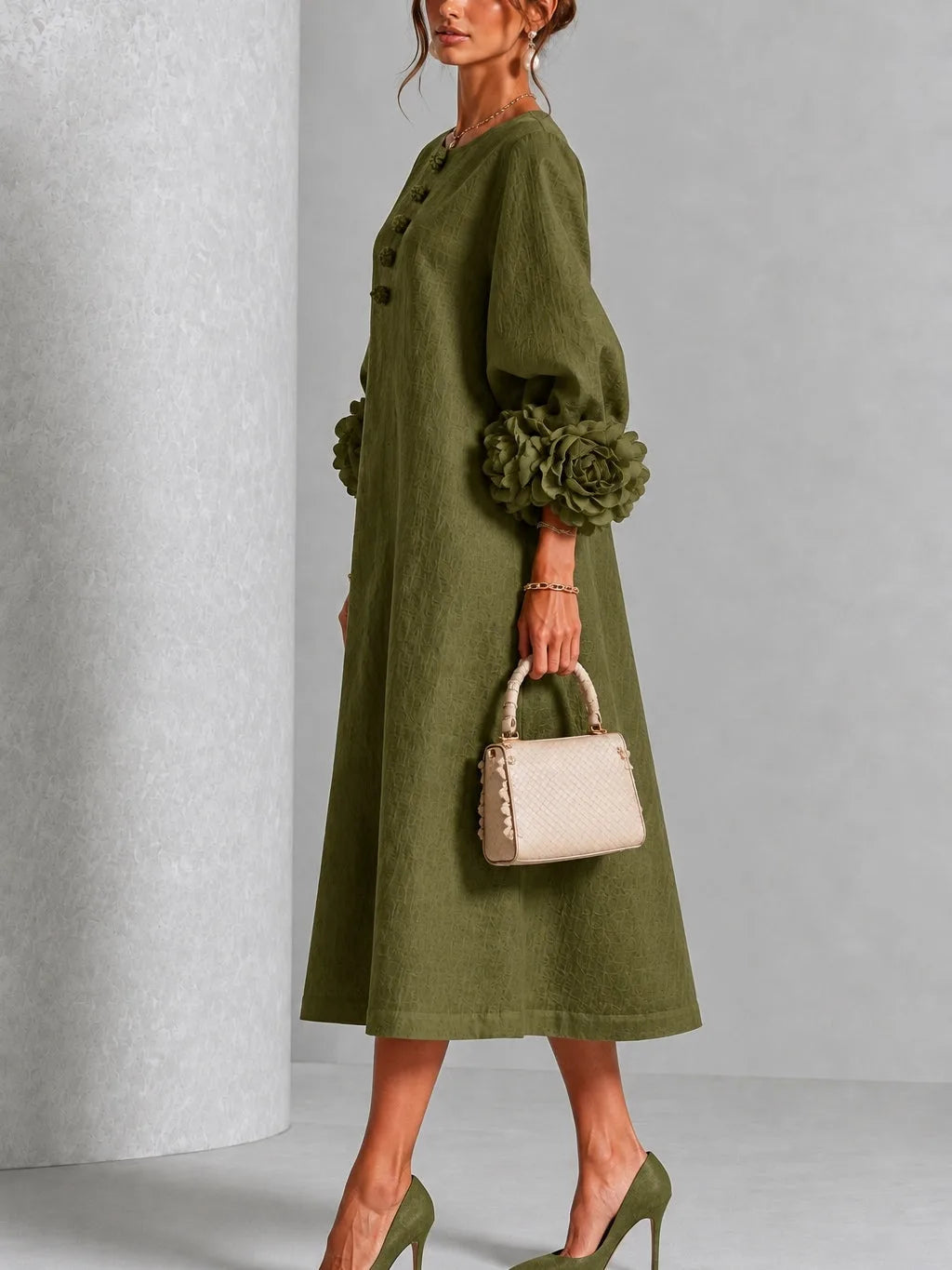 Women's button-front midi dress with floral rose cuffs, olive, side view