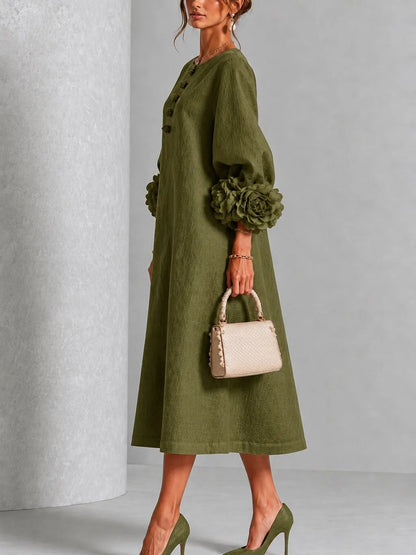 Women's button-front midi dress with floral rose cuffs, olive, side view