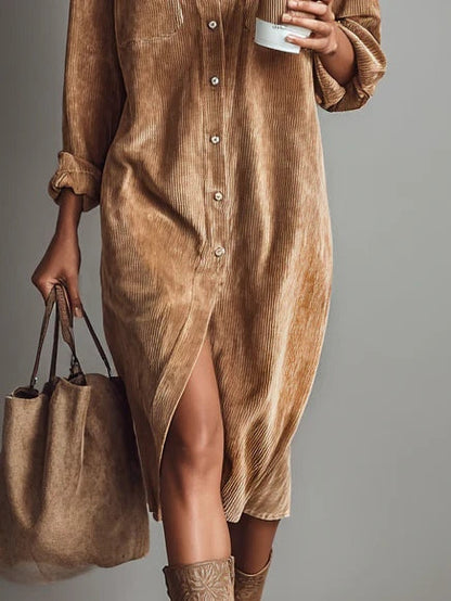 Caramel button-front suede midi dress with retro pockets