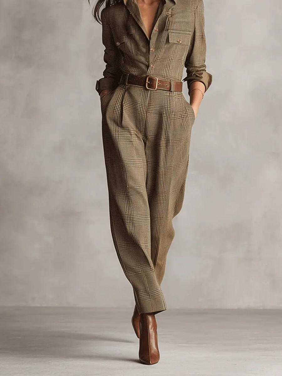 Women's brown button-front utility jumpsuit with belt, front view, full length