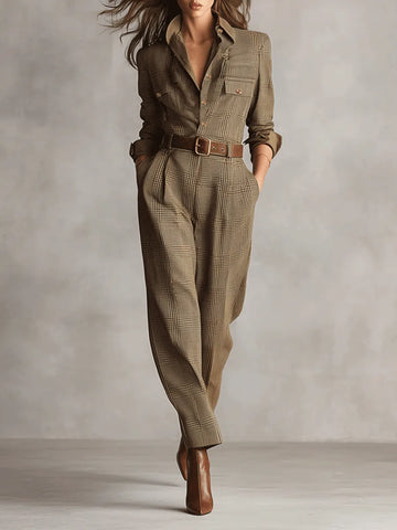 Women's brown button-front utility jumpsuit with belt, front view