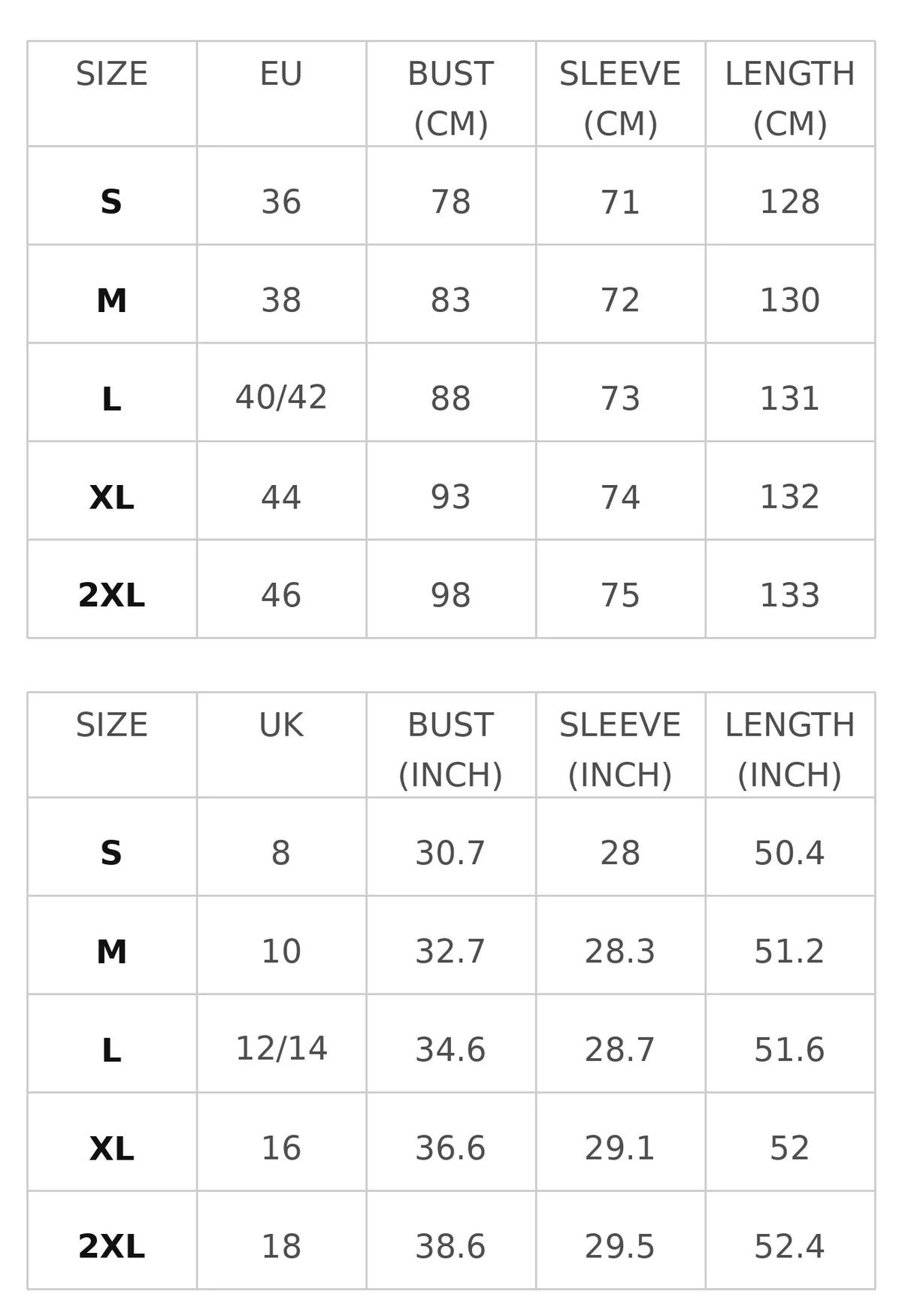 Size chart for the button-neck sweatshirt maxi dress with white trim