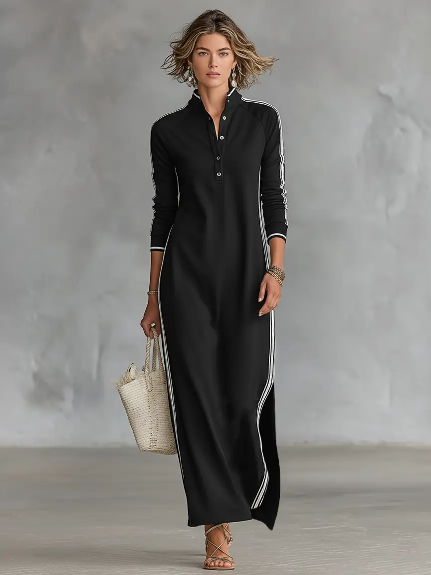 Button-neck sweatshirt maxi dress with white trim