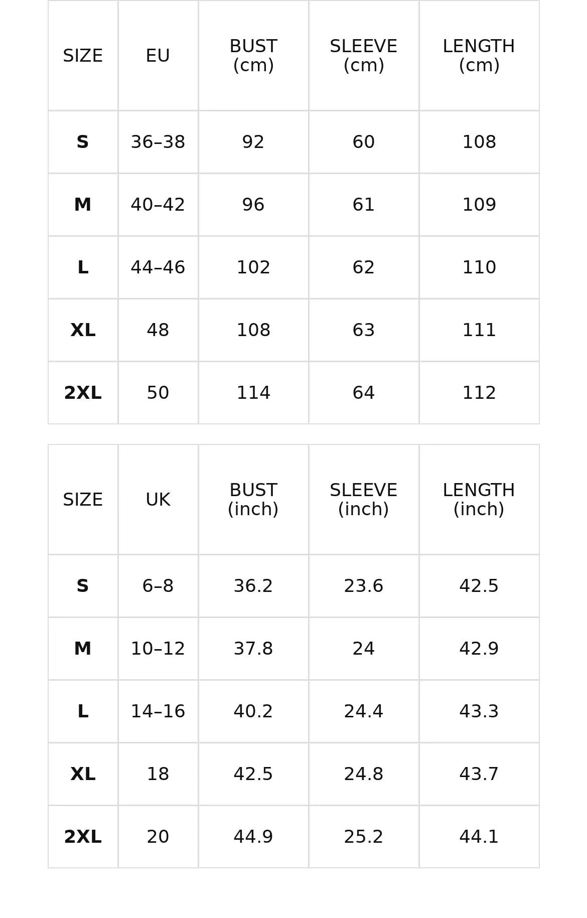 Size chart for the button wrap midi dress