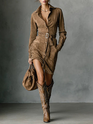 Brown button-front midi dress with belt
