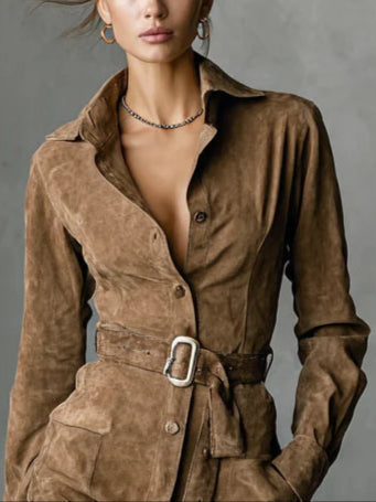 Suede midi dress lapel collar and buttons detail