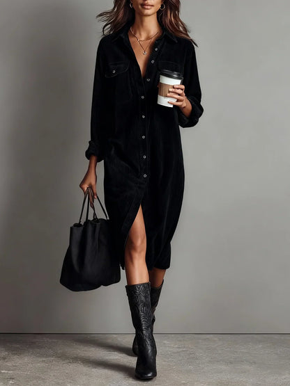 Black button-front suede midi dress