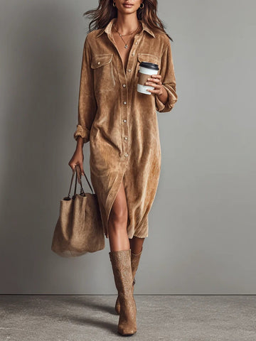 Brown button-front midi dress
