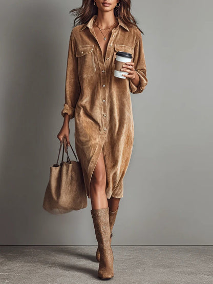Brown button-front suede midi dress