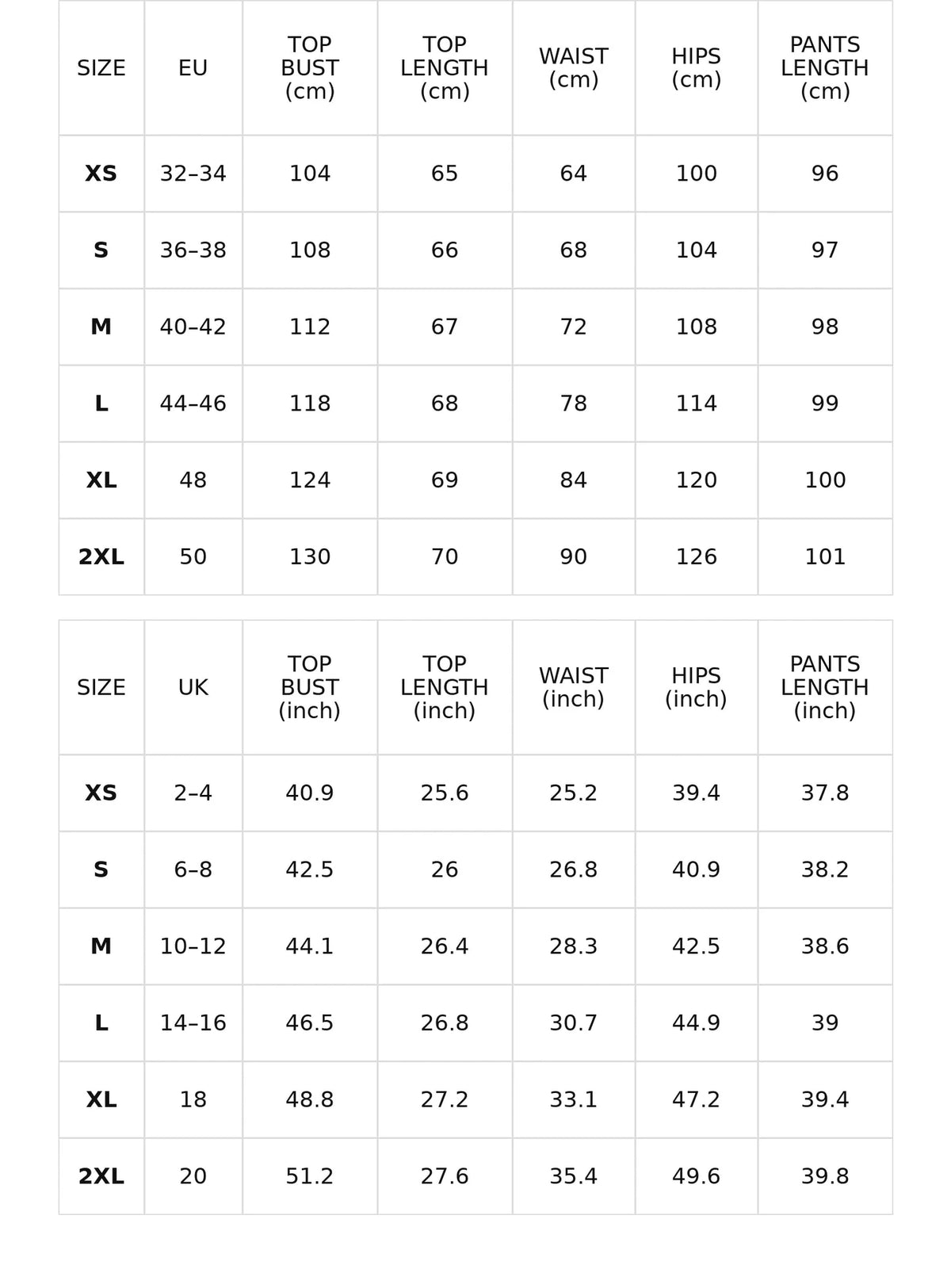 Size chart for casual tee and wide-leg harem pants set