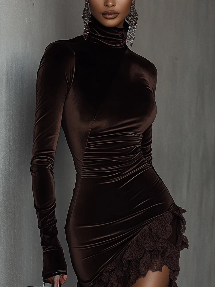 Chocolate velvet mini dress asymmetric ruching, side view