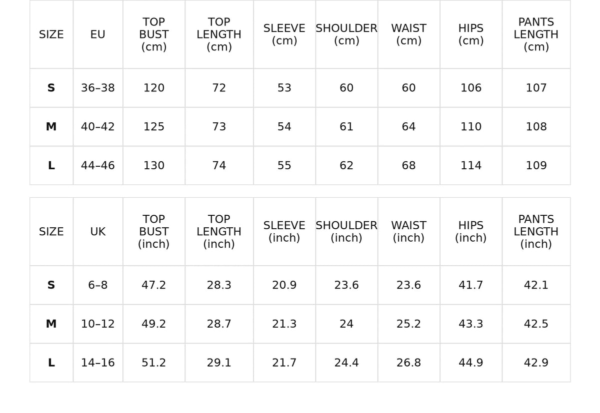 Size chart for chunky turtleneck sweater and wide-leg pants set