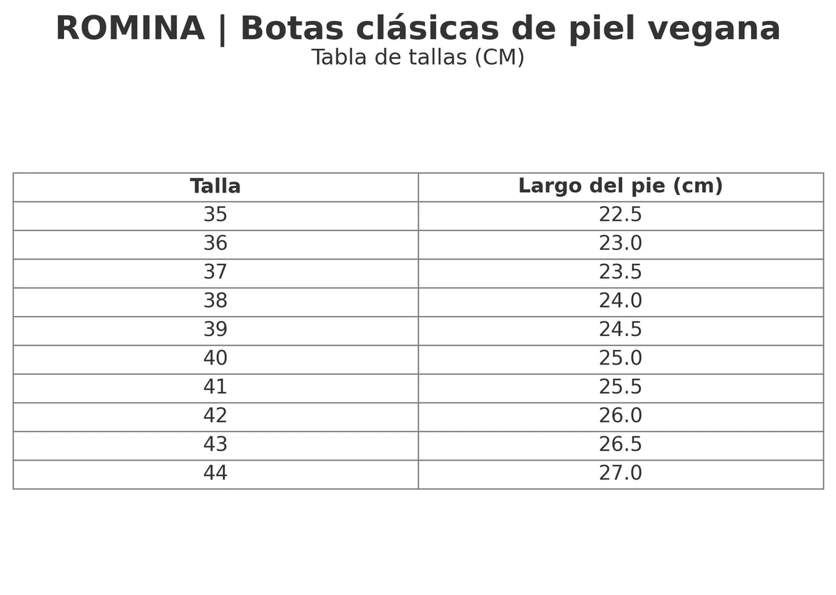 Size chart for the classic lace-up ankle boots