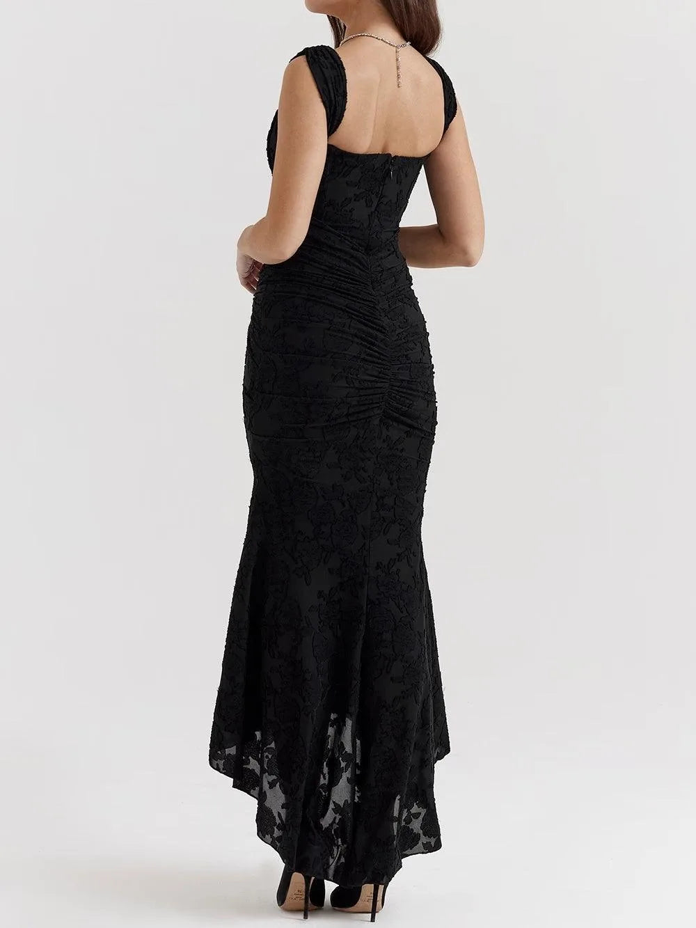 Women's corset-style fishtail maxi dress, black, back view