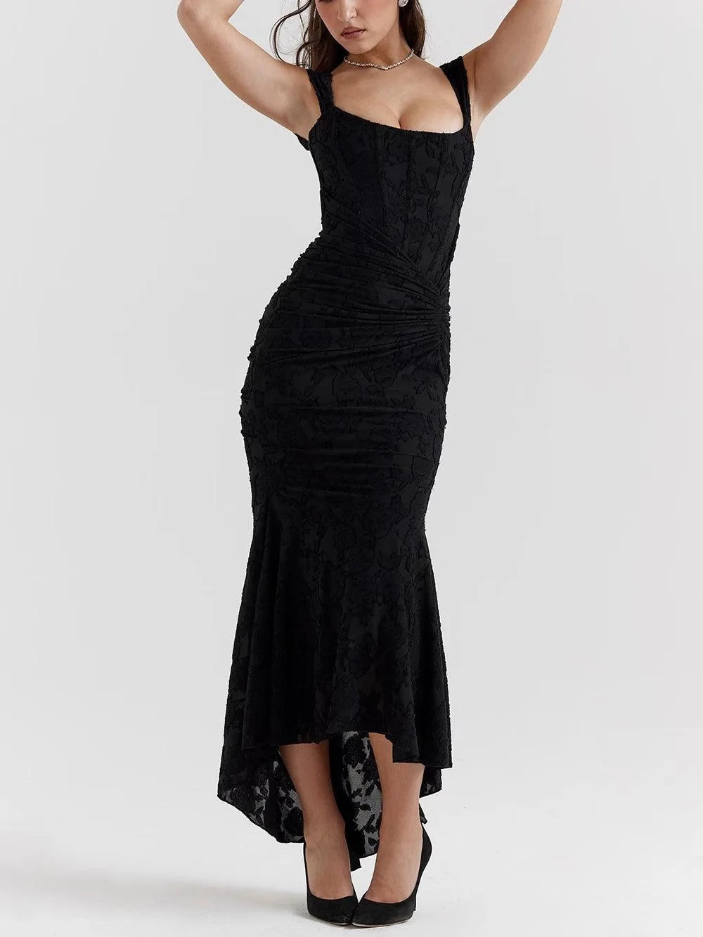 Women's corset-style fishtail maxi dress, black, close-up of the bodice