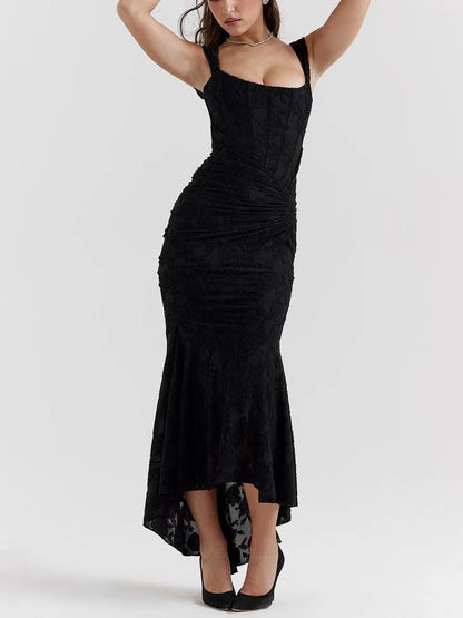 Women's corset-style fishtail maxi dress, black, close-up of the bodice