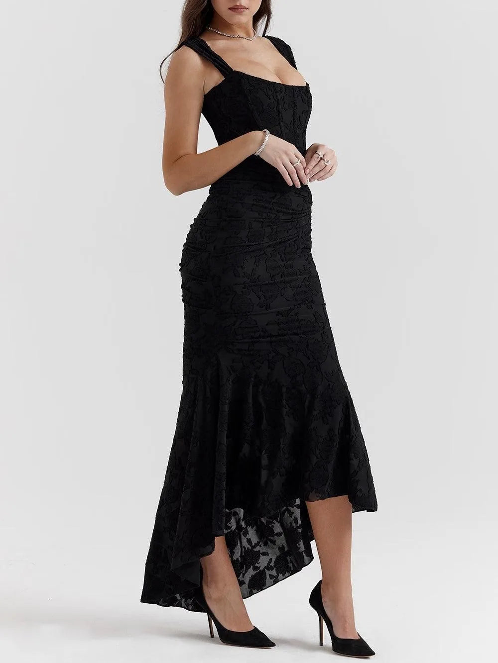Women's corset-style fishtail maxi dress, black, front view
