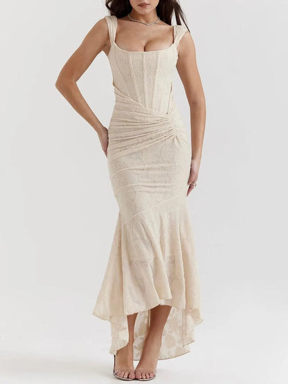 Women's corset-style fishtail maxi dress, cream, front view