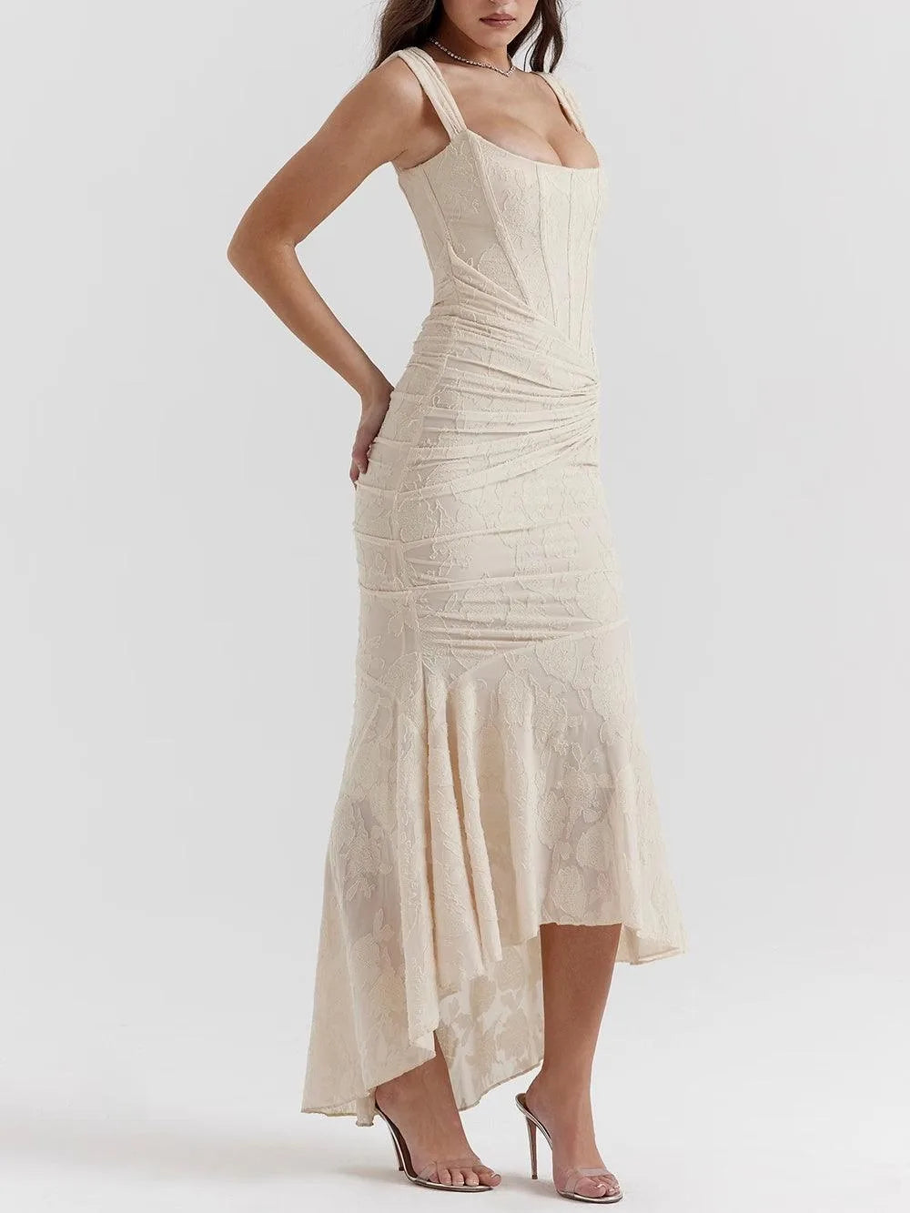 Women's corset-style fishtail maxi dress, cream, front view