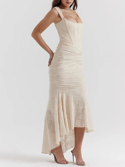 Women's corset-style fishtail maxi dress, cream, front view