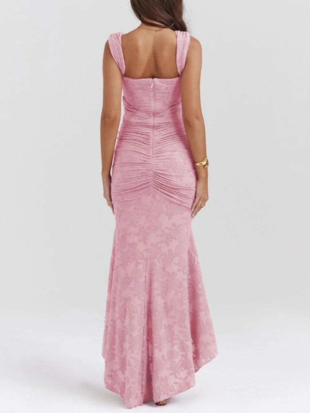 Women's corset-style fishtail maxi dress, dusty pink, back view