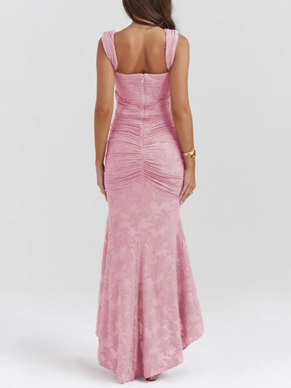 Women's corset-style fishtail maxi dress, dusty pink, back view